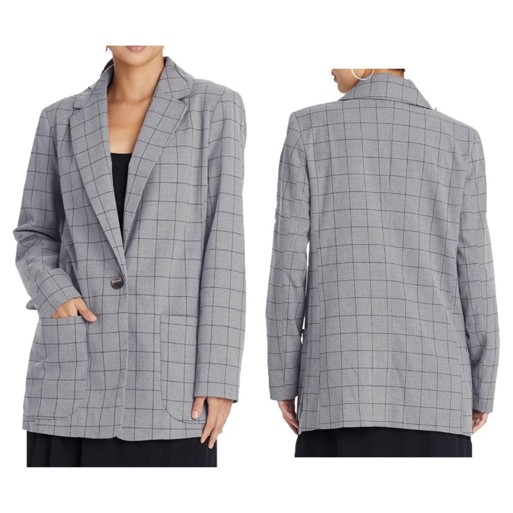 a New Day Grey and Black Plaid Blazer with Tortoise Button and Pockets